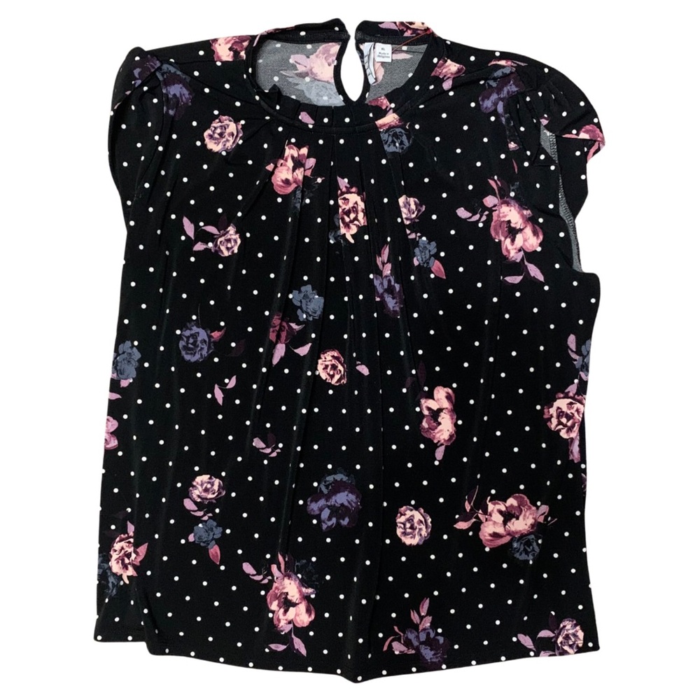 Elle size XL black, floral polka dot short sleeve dress top with keyhole back.